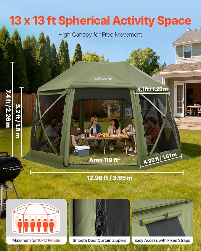 VEVOR Pop up Gazebo Screen Tent, 13 x 13 ft, 13-Sided Spherical Camping Canopy Tent with Removable Top & Carry Bag, Quick-Set & Bite-Proof, Screen House Sun Shelter for 10-12 Persons, Green