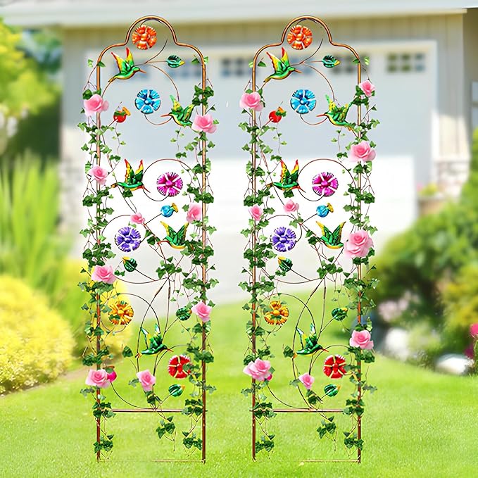 2 Pack Metal Garden Trellis Arched Fence Trellises for Climbing Plants Outdoor, Roses, Vines, Flowers, and Vegetables Support, 60'' H x 12'' W, Hummingbird