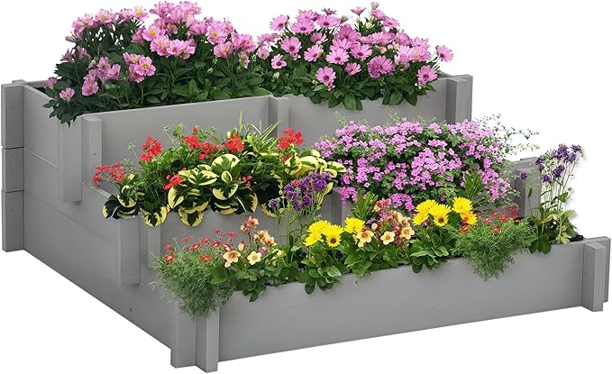 Outsunny 3-Tier Raised Garden Bed with 5 Compartments and Bed Liner, Fir Wood Elevated Planter Box, for Vegetables, Herbs, Outdoor Plants, 37 x 37 x 14in, Gray