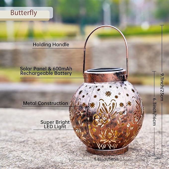 2 Pack Outdoor Solar Hanging Lantern Lights Metal LED Decorative Lamp for Garden Patio Courtyard Lawn and Table with Hollowed-Out Design (Bronze Butterfly)