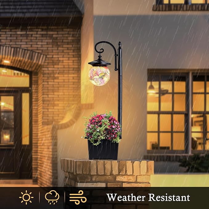 Solar Lamp Post Light with Planter, Matte Black Outdoor Flower Pots with Mosaic Glass, 2 in 1 Waterproof Solar Outdoor Lights for Porch Front Door Patio