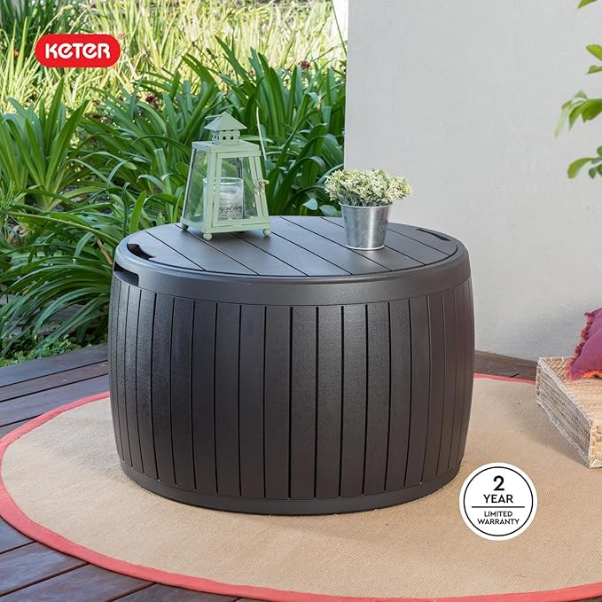Keter Circa 37 Gallon Deck Box Organizer, Works as Ottoman Chair or Side Table, Brown – Large Resin Round Outdoor Storage and Seating for Garden, Pool, and Patio