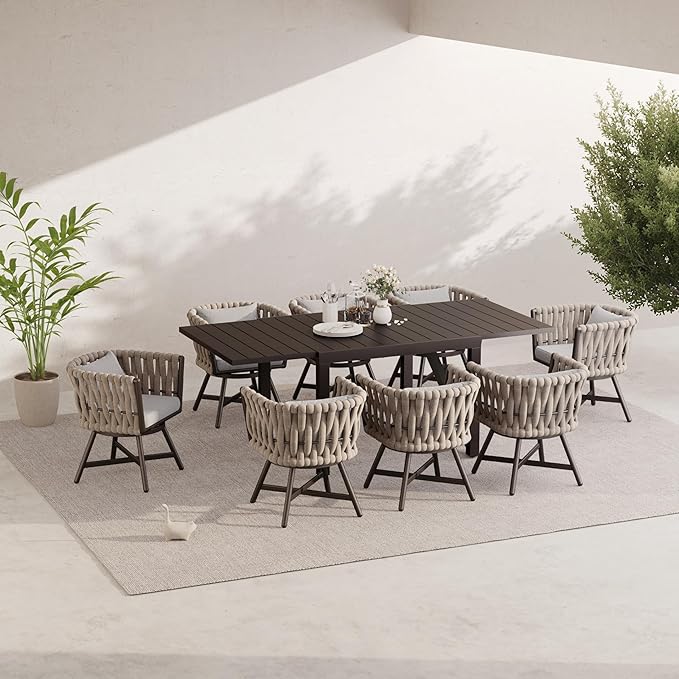 Grand patio 9-Piece Outdoor Dining Set for 8, Patio Dining Furniture Set for 8 Swivel Rope Wicker Chairs & 1 Expandable Rectangular Dining Table, Light Gray Brown