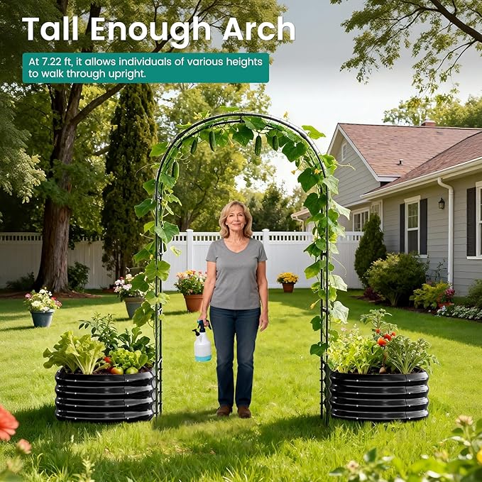 DoCred 3 in 1 Raised Garden Bed with 87in Tall Arch Trellis for Climbing Plants, Galvanized Planter Garden Box Outdoor for Gardening, Climbing Vegetables, Flower, Black