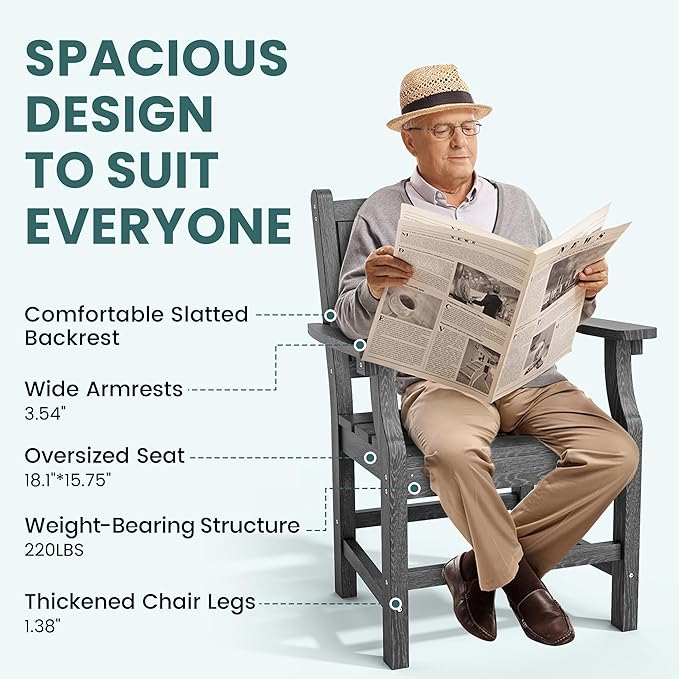Pamapic 5-Piece Outdoor Dining Set, HDPE Outdoor Rectangular Table and 4 Chairs, Wood Grain Patio Furniture Sets with Armrest, All-Weather Patio Dining Table with Umbrella Hole, Gray