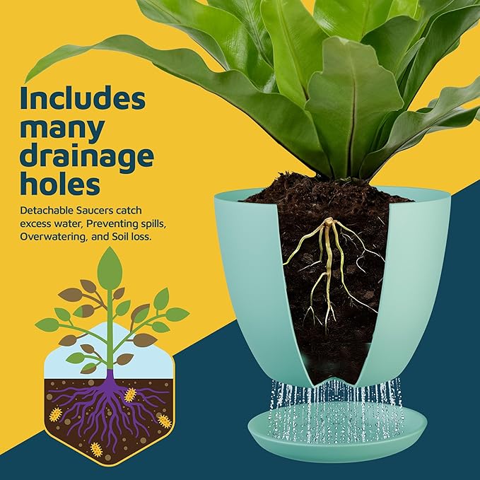 Aqua Plant Pots with Drainage Holes & Saucers 15 Pack, Indoor & Outdoor Stackable Space-Saving Planters for Houseplants & Flowers, (7", 6.7", 6", 5.3", and 4.8" Inches), Durable & Weatherproof