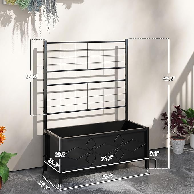 Outsunny Planter Box with Trellis, 35.4 x 15.7 x 47.2 inch Raised Garden Bed with Drainage Holes, Planters for Outdoor Plants, Vegetables, Flowers, Herbs, Trellis Planter, Black