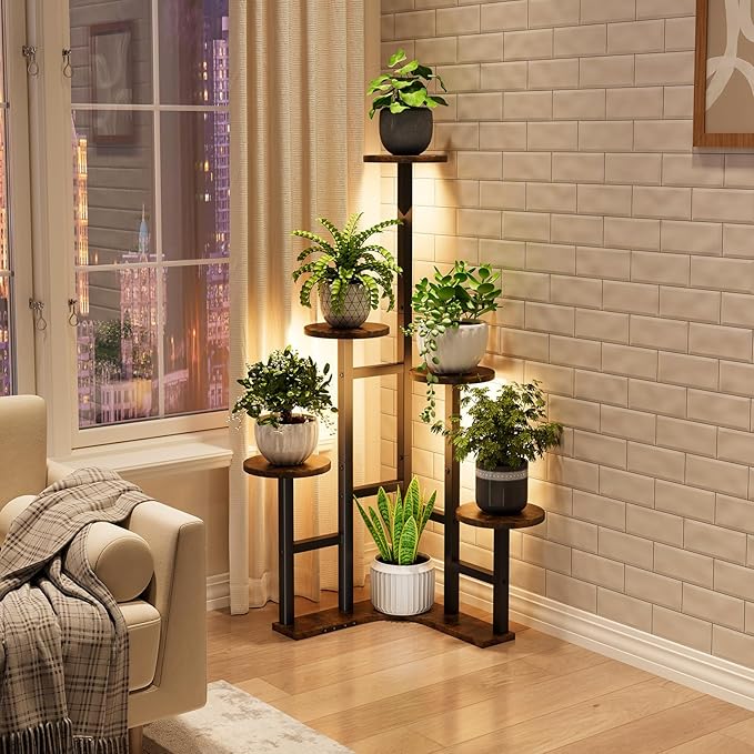 Corner Plant Stand Indoor with Grow Lights, 6 Tiered Corner Plant Shelf Flower Stand for Multiple Plants, Plant Shelves Organizer Rack for Living Room, Balcony, Patio, Round Rustic Brown
