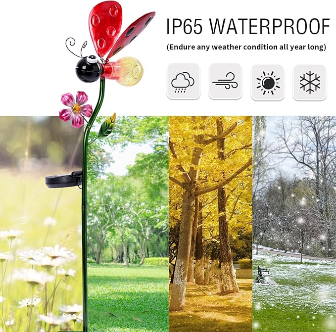 Decorative Solar Lights Outdoor Solar Ladybug Stake Lights Metal Decorative Garden Lights Outdoor Waterproof Stakes for Pathway Yard Lawn Decoration Mothers Day Mom Gifts