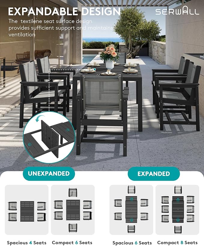 SERWALL 7-Piece Patio Dining Sets, 60" - 83" Expandable Outdoor Dining Table with 6 Breathable Textilene Chairs, All Weather HDPE Patio Furniture Set for Backyard, Garden, Black