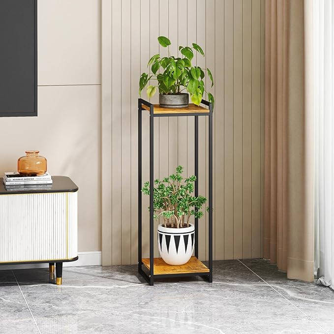 2-Tier Plant Stand Indoor, 34" Tall Modern Plant Shelf Corner Flower Pot Holder Organizer for Living Room Balcony Garden, Rustic Brown