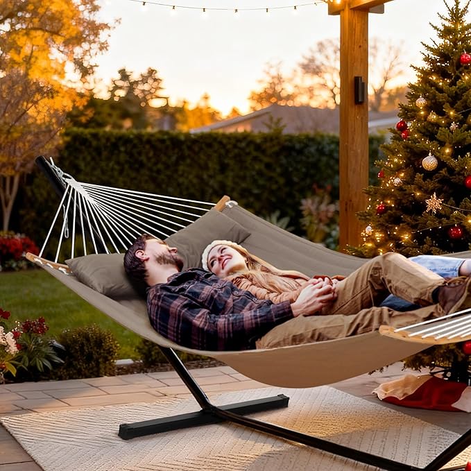 SUNCREAT Hammocks Portable Hammock with Frame, Backyard Double Hammock with Curved Spreader Bar, Brown