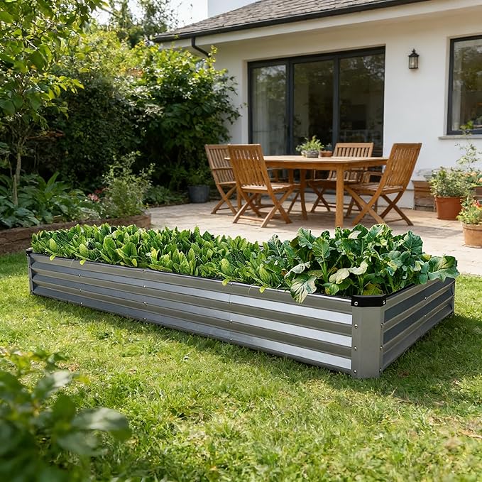 GARDMAX 8x4x1FT Galvanized Raised Garden Bed Kit, Metal Planter Boxes Outdoor with Easy Assembly, Large Garden Bed for Vegetables, Fruits, Flower, Herbs Rectangle Silver