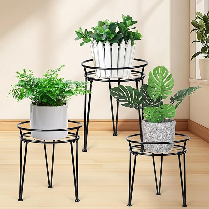 Metal Plant Stand, Plant Stand Indoor Outdoor, Metal Rustproof Flowers, Urban and Rustic Outdoor Plants Stands, Flower Pot Stand Suitable for Living Room, Balcony, Garden (3PCS,Black)