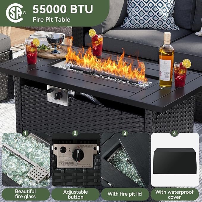 Aoxun 15 Piece Patio Furniture Set with 44” Fire Pit Table Wicker Rattan Patio Sectional Sofa Set Outdoor Seating Furniture with Thickened Cushion, Grey