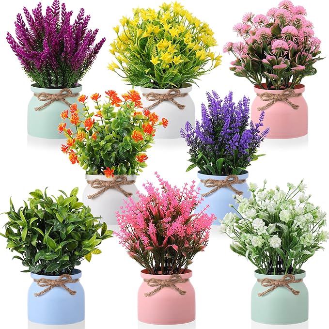 Cindeer 8 Pcs Large Artificial Potted Flowers Fake Potted Plants Plastic Faux Flowers for Home Decor Indoor Artificial Plants in Pots for Wedding Home Desk Tabletop Outdoor Office Kitchen (Romantic)