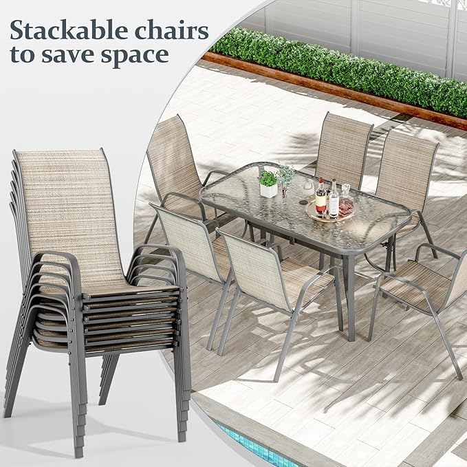 TLSUNNY 7 Pieces Patio Dining Set, Outdoor Table and Chairs W/1.69″ Umbrella Hole, 30"X 55" Table and Stackable Textilene Chair, All Weather Patio Furniture Set (Umbrella not Included) (Brown)