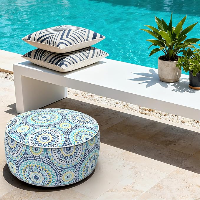 LVTXIII Indoor/Outdoor Inflatable Ottoman with Handle D21 x H9 Inch, Weather-Resistant Round Footstool Pouf for Patio Camping Living Room, Portable Footrest Extra Seating, Delancey Lagoon