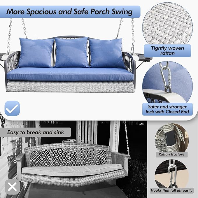 Wicker Porch Swing Heavy Duty 900 LBS 3-Seat Outdoor Patio Swing Chair with Cushions & 8.9ft Chains Outdoor Hanging Bench with Upgraded Cup Holders for Garden Deck Backyard