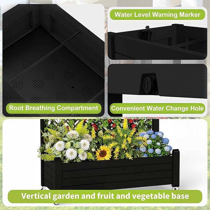 Raised Garden Bed with Trellis, 21 Gallon Self Watering Planter Box with Lockable Wheels & Drainage Holes for Climbing Plants Vegetables Flowers, Anti-Rust Resin for Backyard Patio (Black)