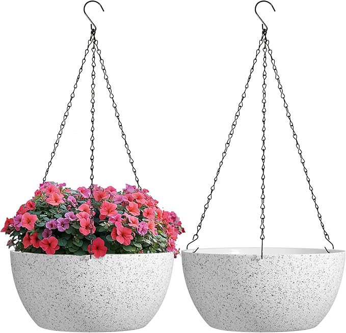 T4U Plastic Hanging Baskets 2-Pack - 12 Inch Large Hanging Flower Planter with Drainage Hole for Indoor Outdoor Plants, Round Plant Pot for Home Garden Porch Balcony Patio Decor (White)
