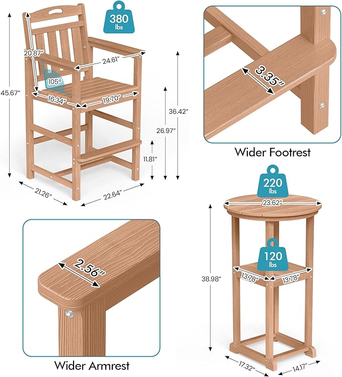 Ciokea 3-Pcs Bistro Table and Chairs, All-Weather Round High Top Bar Table with Storage Shelf and 2 Oversized Adirondack Chairs, Heavy Duty Outdoor Bar Set Patio Bistro Set for Balcony Deck, Teak
