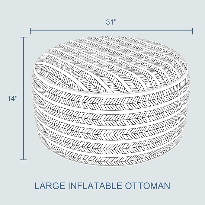 LVTXIII Indoor/Outdoor Extra Large Inflatable Ottoman Pouf D31 x H14 Inch, Round Footstool with Handle, Weather-Resistant Portable Furniture for Patio, Camping, Beach, Herringbone Black White