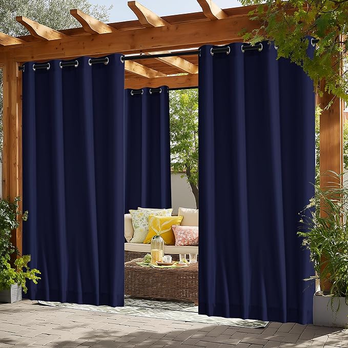 NICETOWN Canvas Outdoor Curtains for Paito 2 Panels, Dark Blue, W52 x L84 per Panel - Waterproof & Windproof Sun Shades with Grommet & Back Tab & Rod Pocket, Free Rope Included for Bottom Fixing