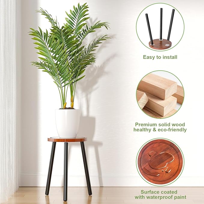 2-Pack Wood Plant Stands Indoor, 16.7" Tall Plant Stand Outdoor Mid-Century Plant Stool, Single Plant Table Modern Small Round Side/End Table for Living Room, Balcony, Office(Brown)