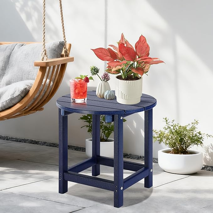 LZRS Round Adirondack Patio Side Table End Table, Outdoor Side Tables for Patio, Backyard,Pool, Indoor Companion, Easy Maintenance & Weather Resistant(Navy Blue)