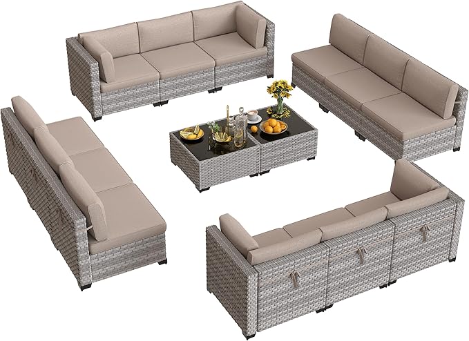 12-Seat Modular Patio Furniture Set – Outdoor Wicker Sectional Sofa with Thick 4″ Cushions, Dual-Strand PE Rattan, Rust-Resistant 18 mm Steel Frame, Backyard Garden Deck Lounge,Beige