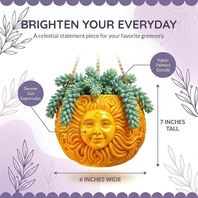 Fun & Unique Sun Face Hanging Planter Quirky Celestial Decor for Plant Lovers – Indoor Outdoor Flower Basket for Succulents & Small Plants – Decorative Garden Yard Art