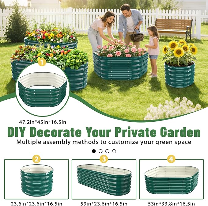 Hexagon Raised Garden Bed, 48 Inch Diagonal & 16.5 Inch Tall, Galvanized Steel Planter Box with Wave-Shaped Metal Panels for Outdoor Flower,Tree,Herb & Vegetable Garden (Dark green, 4FT X 1.5FT)