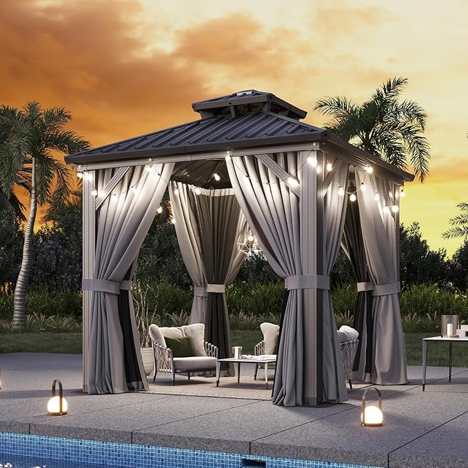 Aoxun 8'x8' Hardtop Gazebo, Aluminum Frame Canopy with Double Galvanized Steel Roof, Outdoor Metal Pavilion with Netting, Curtains for Backyard, Patio and Deck