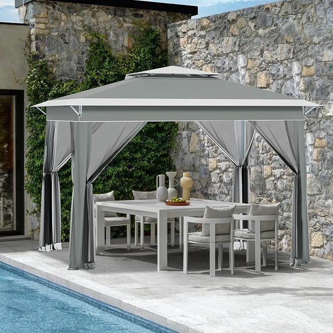 ECOTOUGE Pop Up Canopy Tent with Mosquito Nettings, Instant Shelte gazebos on Clearance w/Carrying Roller Bag, Waterproof and UV Resistant Canopy Tent for Grill, Garden and Backyard(Grey-White,11FT)