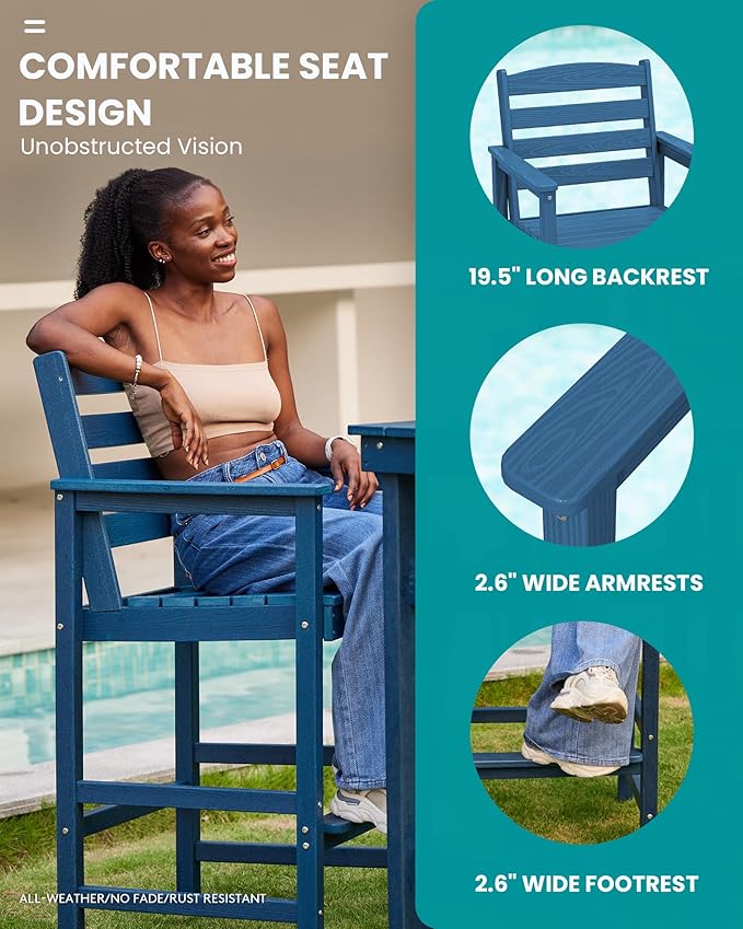 SERWALL Outdoor Bar Table and Chairs Set, Adirondack Bar Chairs Set of 2 and Bar Height Table, All Weather HDPE Patio Bar Set, Outdoor Furniture for Outside, Blue