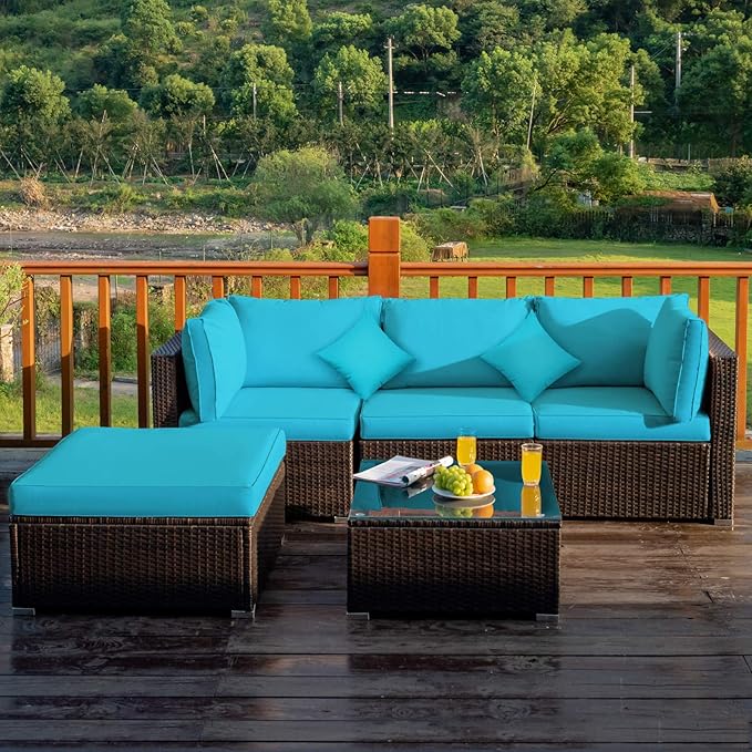 Tangkula 5 Pieces Patio Rattan Furniture Set, Outdoor Sectional Rattan Sofa Set with Back & Seat Cushions, Wicker Conversation Set with Tempered Glass Table for Backyard Porch Poolside (Turquoise)