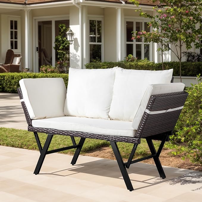 VINGLI Outdoor Loveseat, Woven Rattan Outdoor Sofa with Adjustable Armrests, Patio Loveseat with Removable Cushions and Pillows, Convertible Patio Couch for Yard Pool Balcony