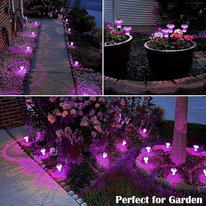 Solar Lights Outdoor Pathway Waterproof 8 Pack Purple LED Acrylic Mushroom Decorative Garden Lights for Yard Landscape Patio Outside Decorations