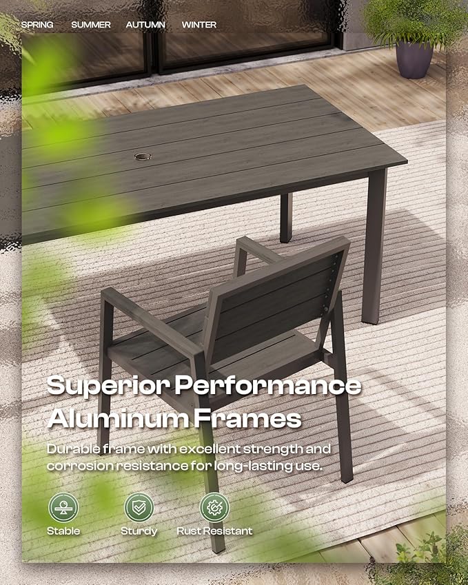 67" Rectangle HDPS Patio Dining Table, Aluminum Outdoor Patio Dining Table with Umbrella Hole, Weather-Resistant for Lawn, Garden, Yard, Poolside and Indoor Use (Gray & Teak)