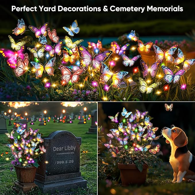Solar Lights Outdoor Garden Decor: 6 Pack 102 Silk Butterflies with 132 Color-Changing LEDs - Auto On/Off 12H Magical Lighting IP65 Waterproof for Yard Patio Pathway - Unique Gifts for Mom Grandma