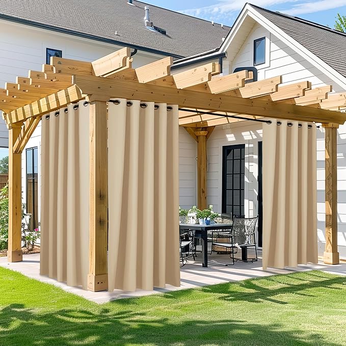NICETOWN Waterproof Outdoor Curtain W66 x L95 inch, Stainless Grommet Sunlight Blocking Weatherproof Drape Blackout Curtains for Gazebo/Patio Porch/Pergola/Cabana (Biscotti Beige, 1 Panel)