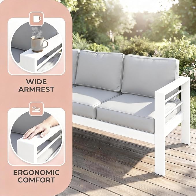 Kiss the Water Outdoor Couch Aluminum Patio Furniture Sofa, 3 Seat All-Weather Metal Patio Couch with 5" Thick and Soft Cushion and Wide Arm, Outdoor Sofa for Balcony, Porch