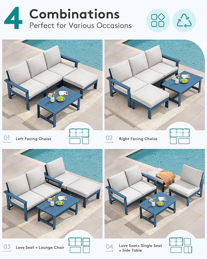SERWALL Outdoor Sectional Sofa Set, 5-piece Outdoor Modula Couch Set with Ottoman, All Weather Patio Furniture Set with Chaise for Deck, Lawn, Blue Frame with Khaki Cushion