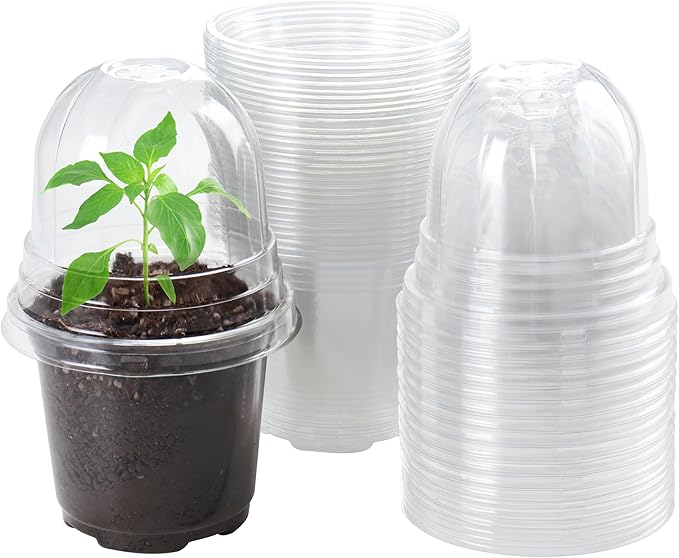 30 Packs 4 Inch Reinforced Clear Nursery Pots with Humidity Dome, Transparent Plastic Plant Pot Seedling Planter with Drainage Holes for Vegetable Propagation, Root Cutting, Seed Starting