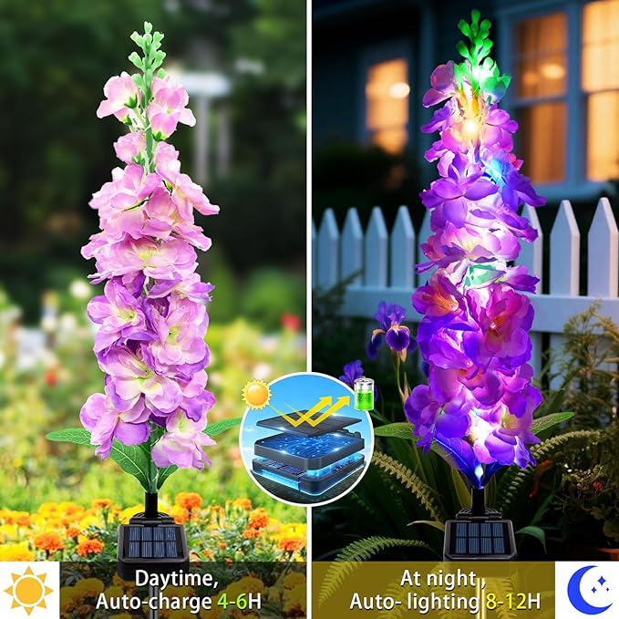 Solar Garden Lights, Solar Purple Delphinium Flowers Lights 4 Pack 80 LEDs, Waterproof Outdoor Light Two Lighting Modes for Outside Wedding Party Garden Yard Patio Lawn Decor