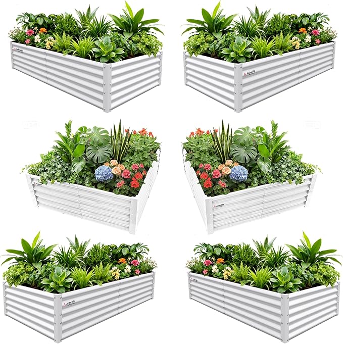 A ANLEOLIFE Set of 6, 18 Inch Tall Antique White Raised Garden Beds Kit, Rectangular & Square Planters for Organized Backyard Gardens