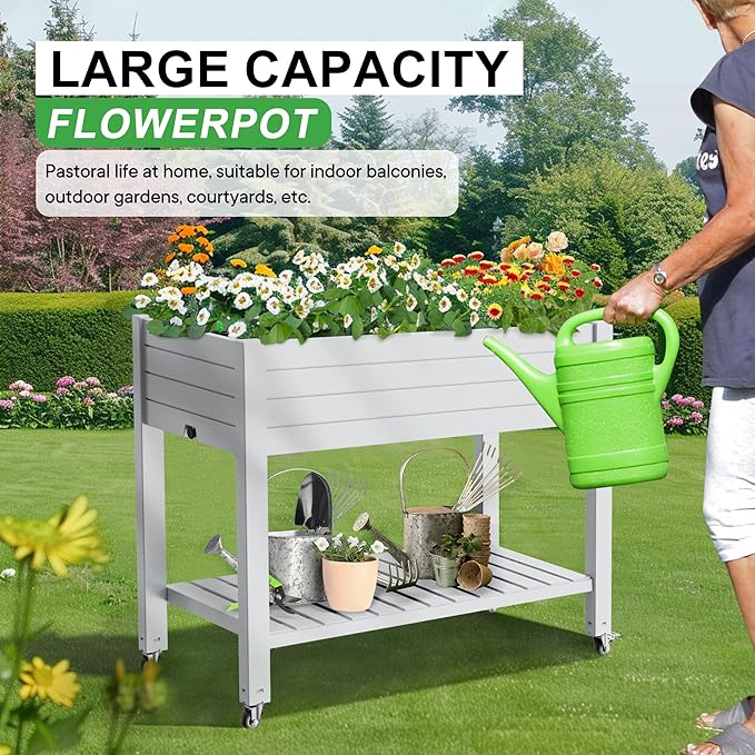 Raised Garden Bed with Legs, 33.66" Tall Self-Watering Resin Planter Box with Lockable Wheels Drainage Plug and Gauge for Vegetables, Flowers, Storage Shelf for Tools and Accessories (Ashen)