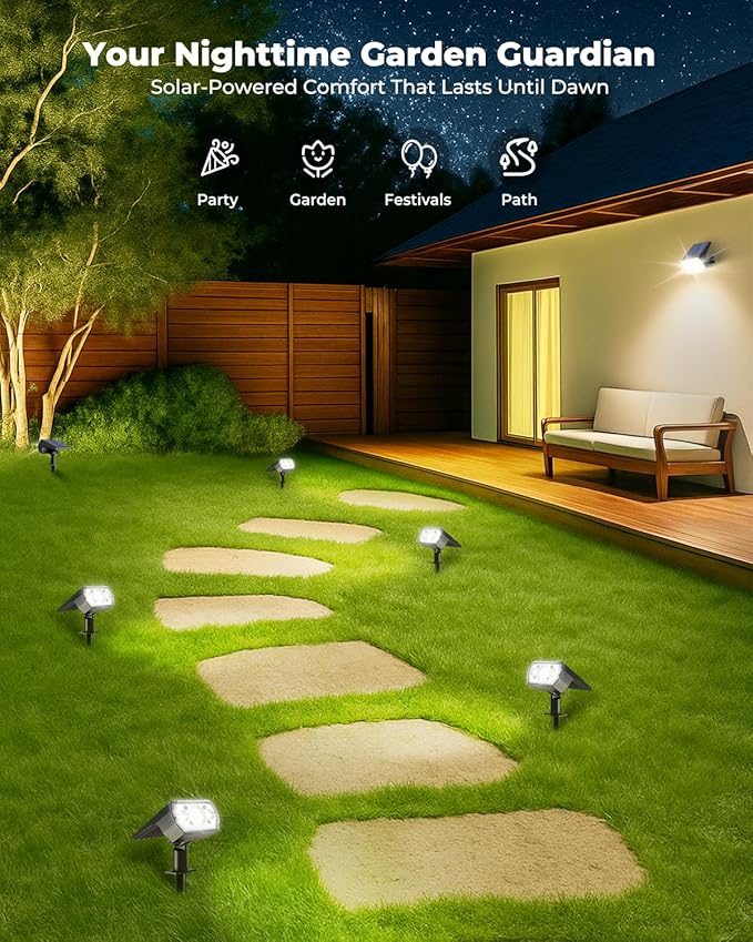 6 Packs Solar Spot Lights Outdoor, 64 LED 6500K Solar Lights Outdoor, IP67 Waterproof, Adjustable Brightness Dusk to Dawn Solar Spotlights for Garden, Yard, Lawn, Walkway, Driveway - Cool Daylight