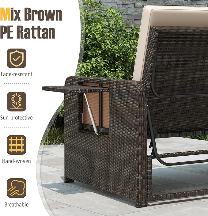 LDAILY Moccha Outdoor Daybed, Wicker Loveseat Sofa Set with 4-Postion Adjustable Backrest, Storage Ottoman, Cushions, Rattan Double Bed Lounger, Patio Furniture Set (Beige)